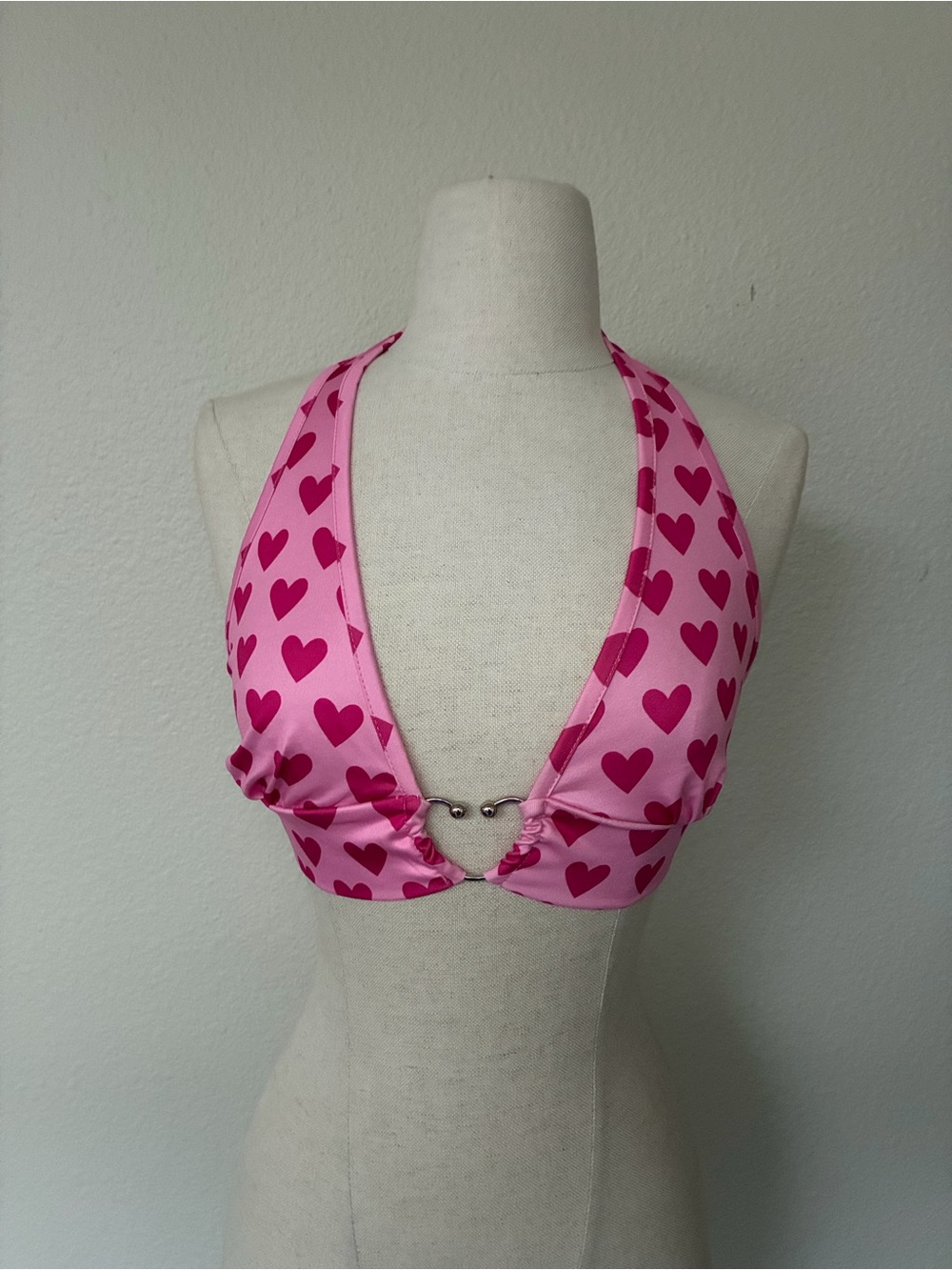 Pink Love Heart Halter Crop Tank Top, size Medium